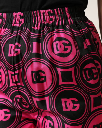 Black Fuchsia Silk Logo Elastic Waist Shorts