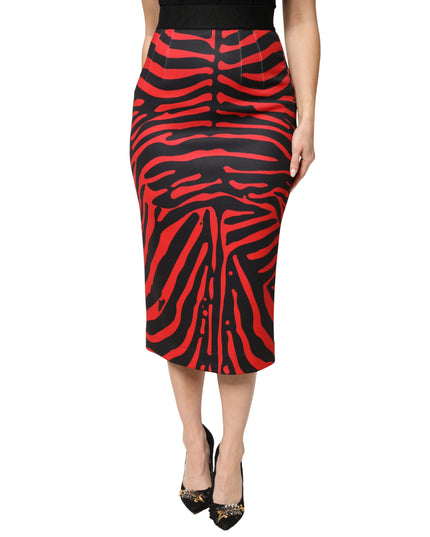 Red Black Zebra Print Polyester Pencil Midi Skirt