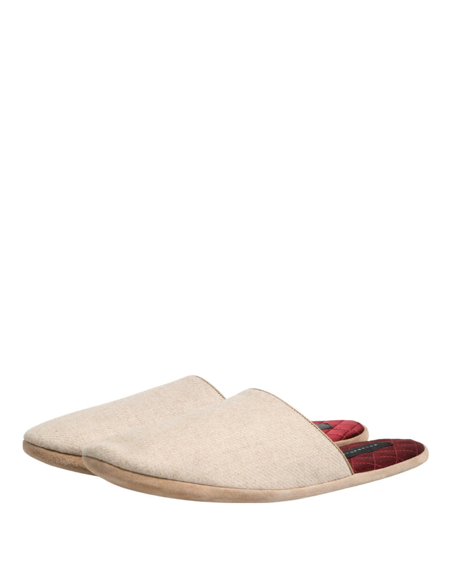 Beige Shetland Wool Red Quilted Slippers Shoes
