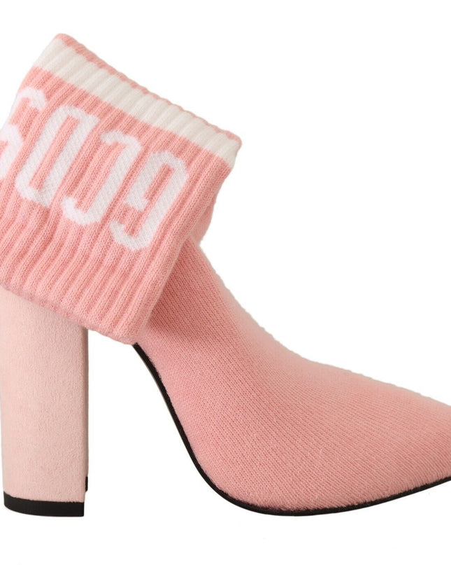Pink Suede Logo Socks Block Heel Ankle Boots Shoes