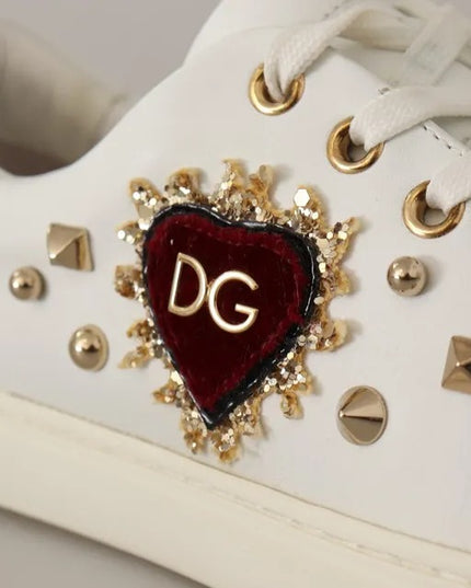 White Leather Gold Red Heart Sneakers Shoes