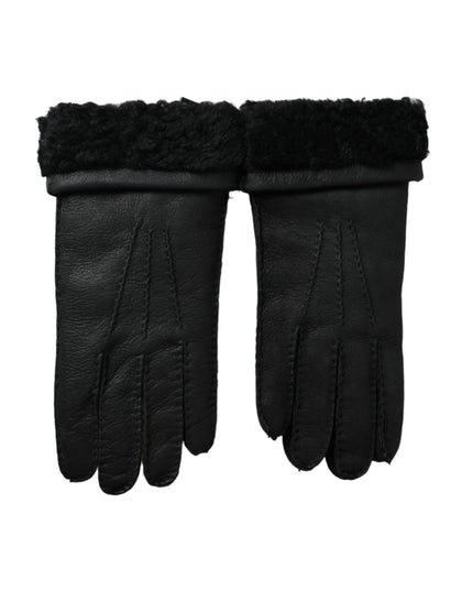 Black Leather Fur Short Hands Gloves