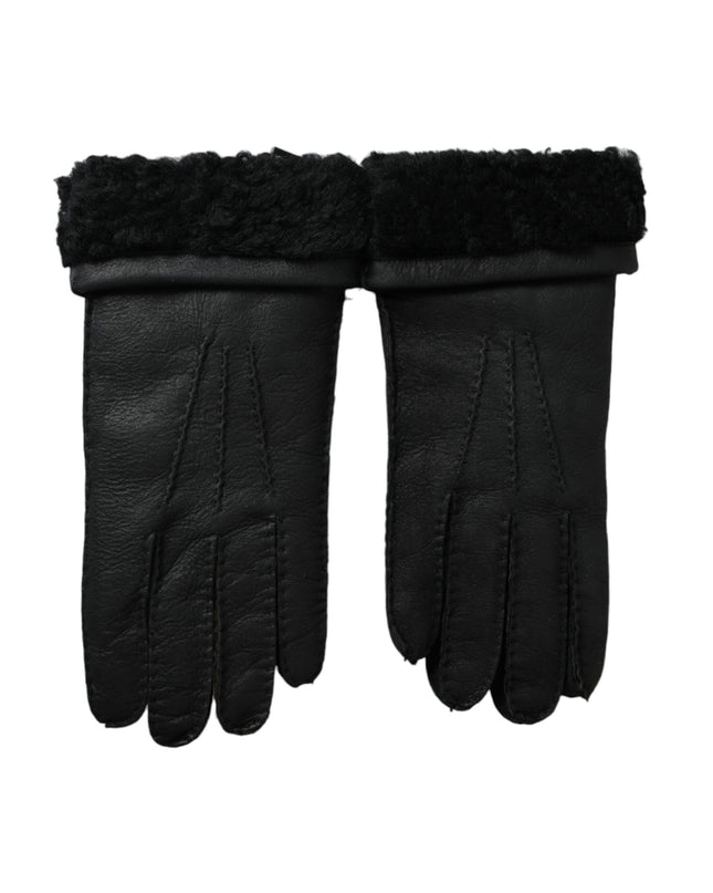 Black Leather Fur Short Hands Gloves