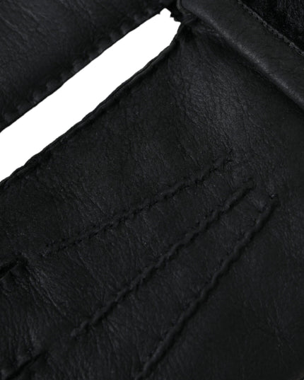Black Leather Fur Short Hands Gloves