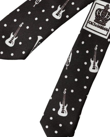 Black Guitar Print Silk Adjustable Tie