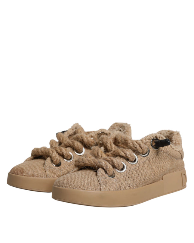 Brown Jute Fabric Low Top Men Sneakers Shoes