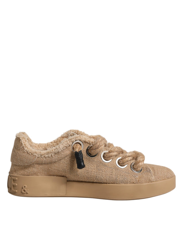 Brown Jute Fabric Low Top Men Sneakers Shoes