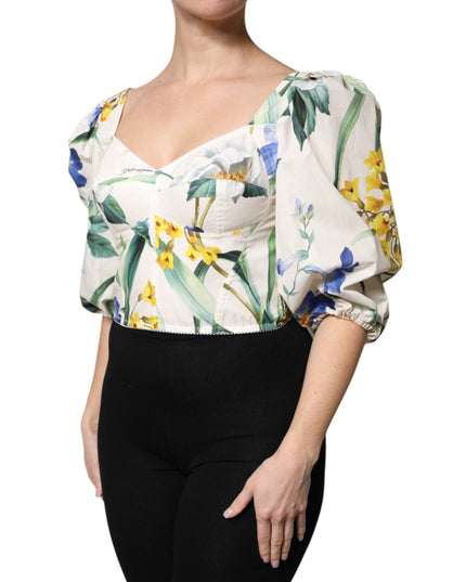 White Floral Puff Sleeves Crop Blouse Top