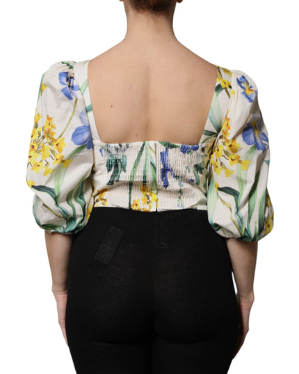 White Floral Puff Sleeves Crop Blouse Top