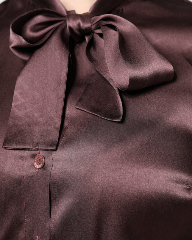 Brown Ascot Collar Long Sleeve Blouse Top