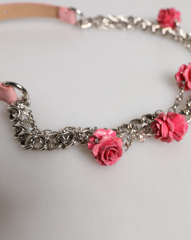 Pink Embelished Roses Textured Leather Belt