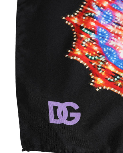 Black Multicolor Print Square Foulard Scarf