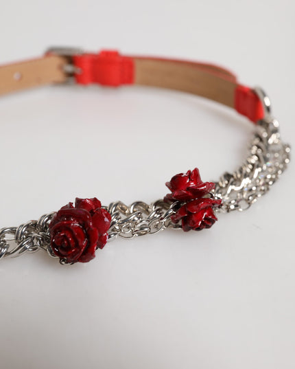 Red Leather Silver Chain Floral Cintura Belt