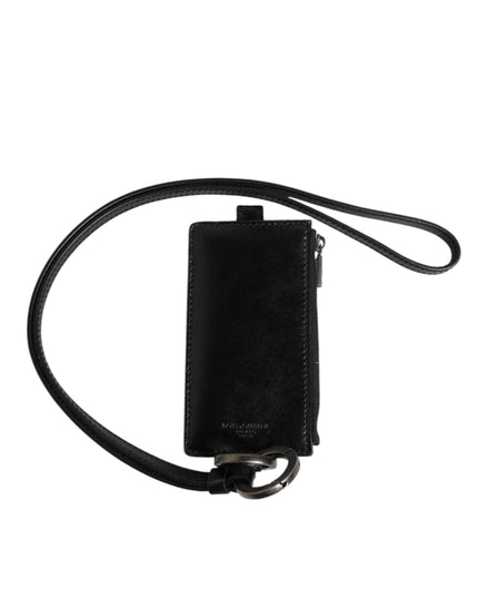 Black Leather Logo Embossed Lanyard Card Holder Wallet