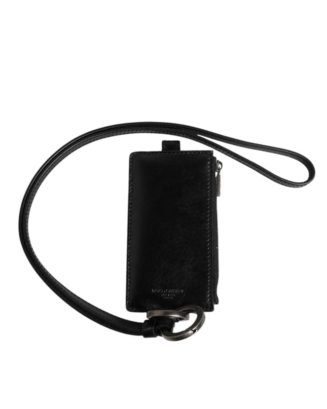 Black Leather Logo Embossed Lanyard Card Holder Wallet