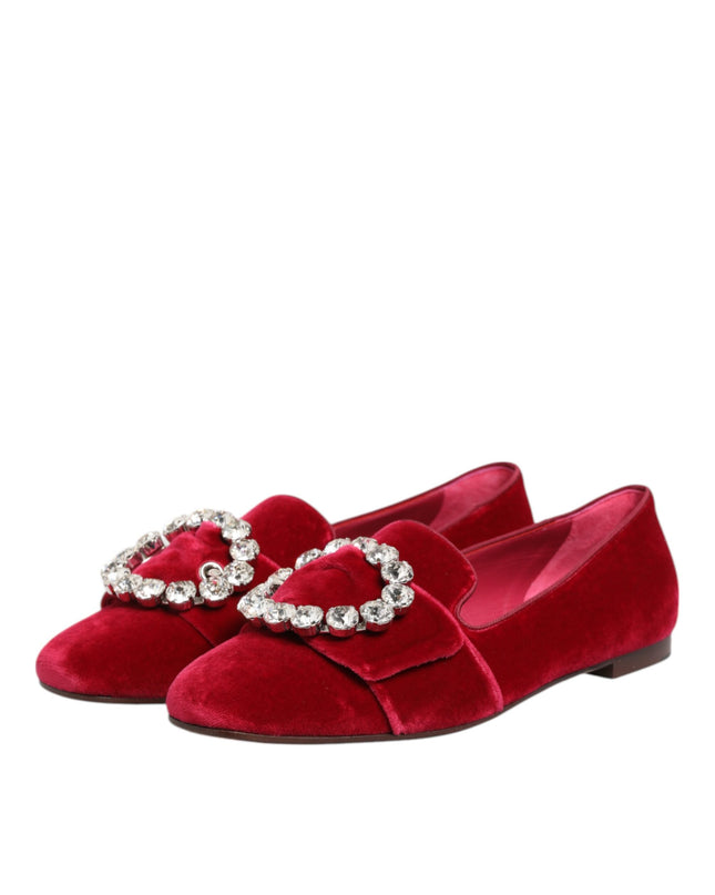 Red Velvet Crystal Buckle Loafers Flats Shoes