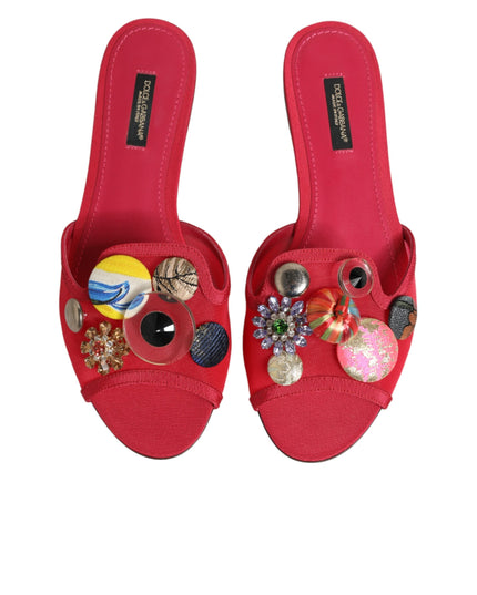 Red Embellished Flats Slip On Sandals Shoes