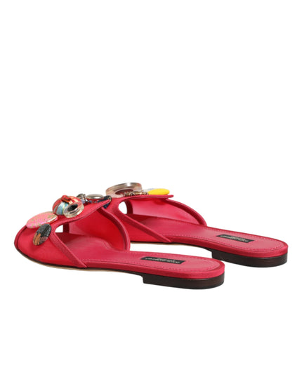 Red Embellished Flats Slip On Sandals Shoes