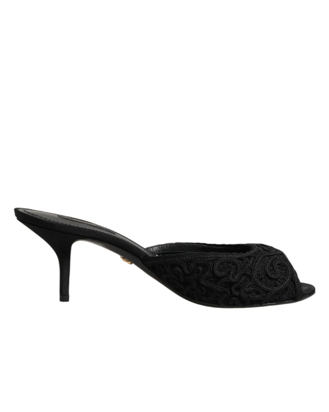 Black Embroidered Slip On Heels Slides Shoes
